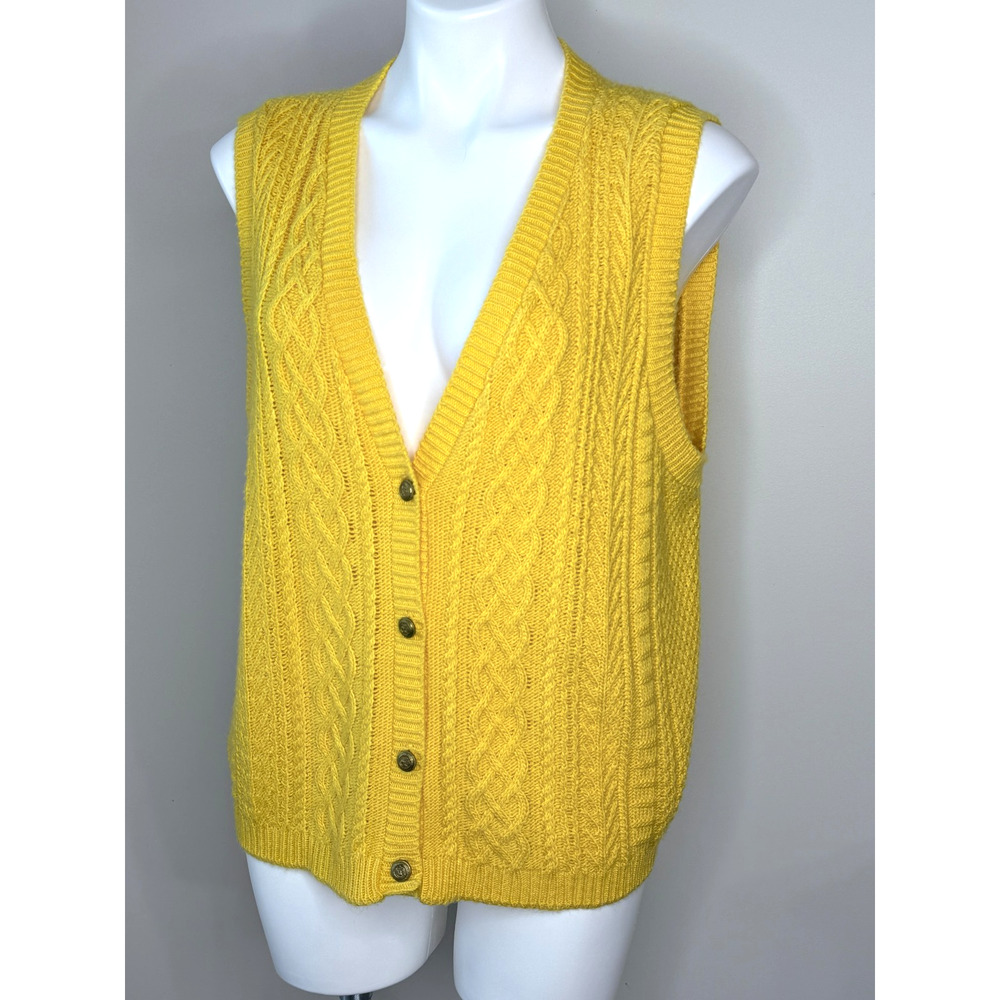 Vtg. Laura Gayle Yellow Cable Knit Vest w/Brass Buttons Size XL